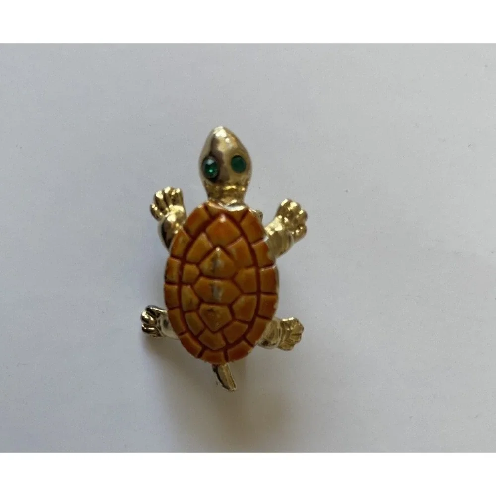 VTG Gold Tone Enamel Turtle Green Rhinestone Eyes 1 